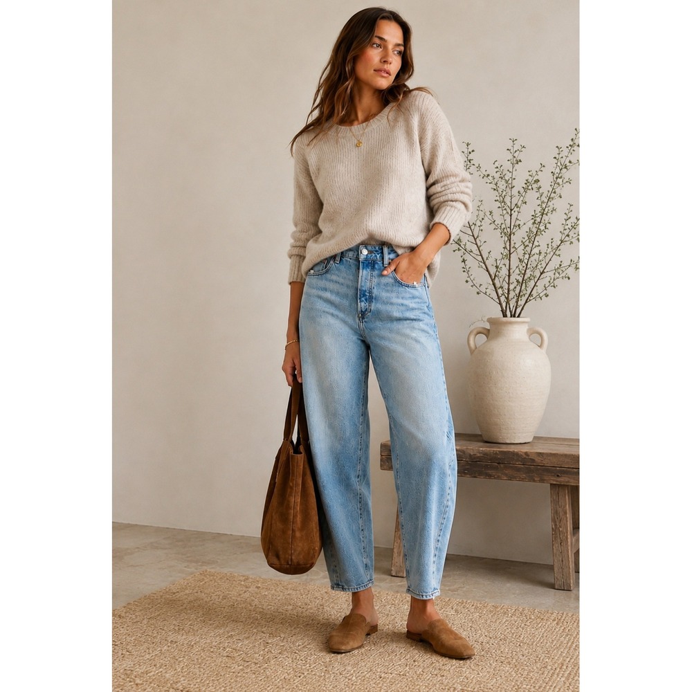 PAIGE Alexis High Rise Barrel Leg Jeans Cats Meow Blue Buttonfly Distressed 28